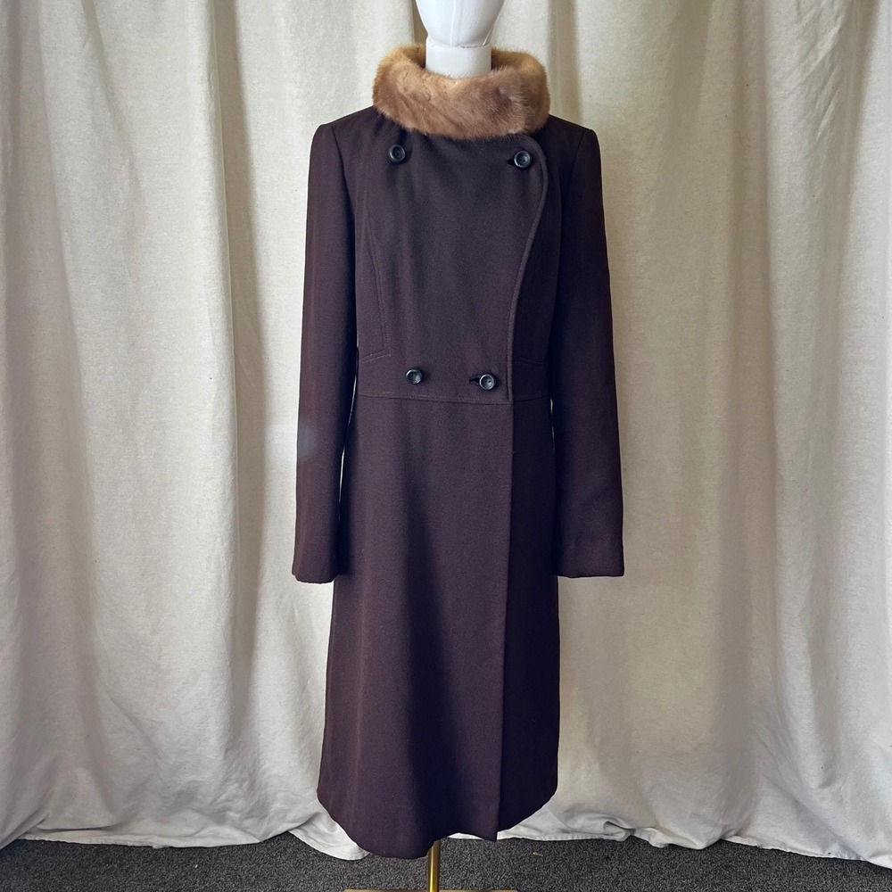 Vintage 60s Brown Wool Princess Coat Mink Fur Collar Long Coat Tall M